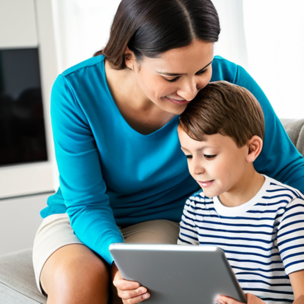 A compassionate mother in modest, professional casual attire is attentively guiding her young child (a boy or girl, 8-12 years old) as they explore content on a tablet. They are seated comfortably in a brightly lit, modern living room, fostering a safe and educational digital experience. The mother's expression is supportive and engaged, emphasizing open dialogue and trusted interaction. fully clothed, modest clothing, appropriate attire, safe for work, appropriate content, family-friendly, perfect anatomy, correct proportions, natural pose, well-formed hands, proper finger count, natural body proportions, professional photography, high quality, vibrant colors.