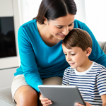 A compassionate mother in modest, professional casual attire is attentively guiding her young child (a boy or girl, 8-12 years old) as they explore content on a tablet. They are seated comfortably in a brightly lit, modern living room, fostering a safe and educational digital experience. The mother's expression is supportive and engaged, emphasizing open dialogue and trusted interaction. fully clothed, modest clothing, appropriate attire, safe for work, appropriate content, family-friendly, perfect anatomy, correct proportions, natural pose, well-formed hands, proper finger count, natural body proportions, professional photography, high quality, vibrant colors.