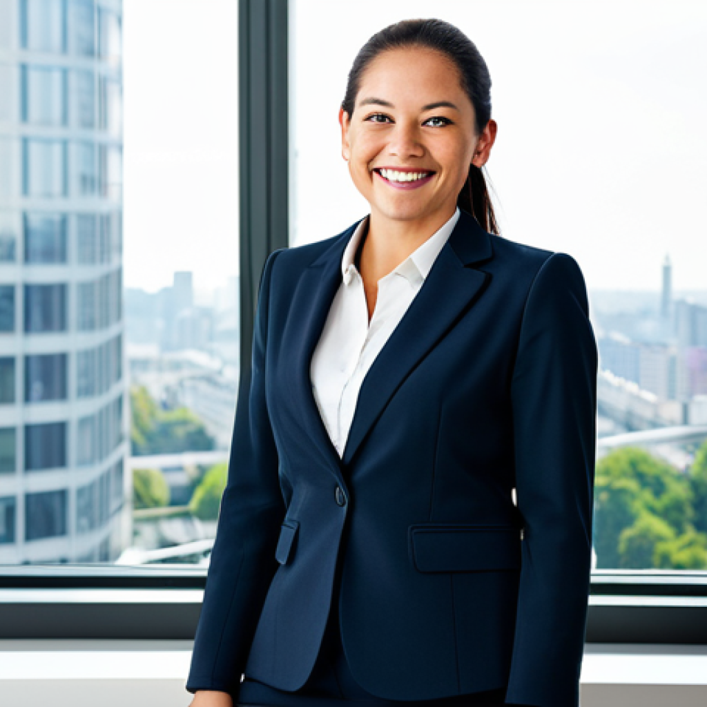 소셜미디어 사용을 통한 건강한 감정 조절 - **Subject:** A professional businesswoman, fully clothed in a tailored business suit, smiling confid...