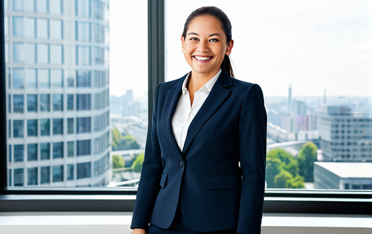 소셜미디어 사용을 통한 건강한 감정 조절 - **Subject:** A professional businesswoman, fully clothed in a tailored business suit, smiling confid...