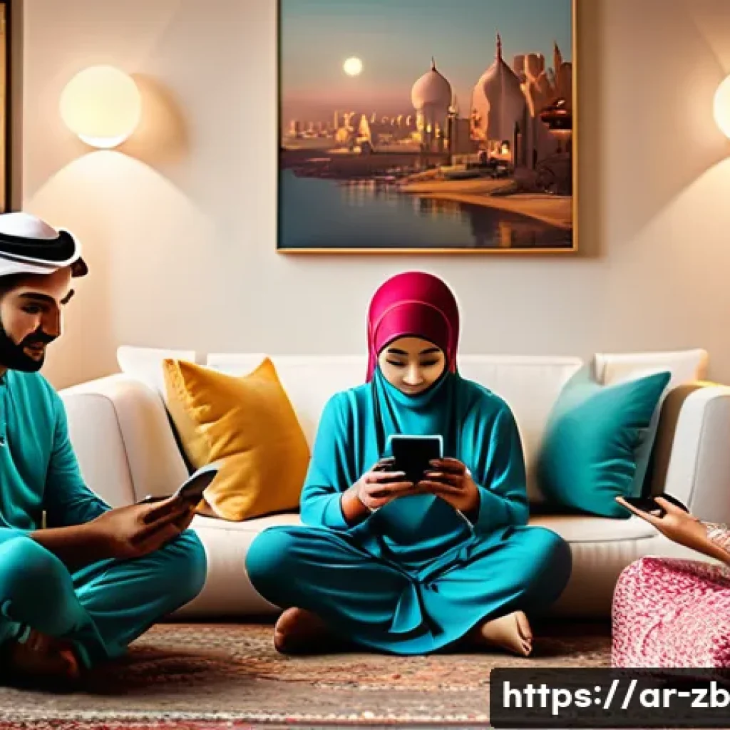 소셜미디어 및 디지털 기술의 미래 전망 - A detailed digital art scene depicting a Middle Eastern family sitting together in a modern living r...