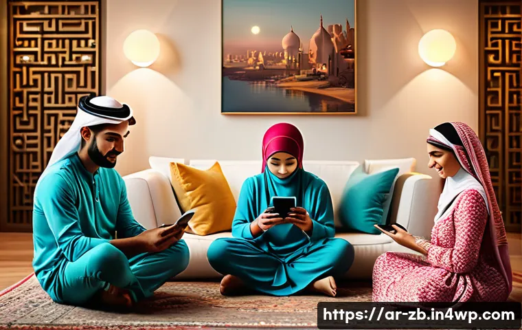 소셜미디어 및 디지털 기술의 미래 전망 - A detailed digital art scene depicting a Middle Eastern family sitting together in a modern living r...