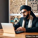 Home 22 소셜미디어 플랫폼 비교 및 장단점 - A modern Arab social media marketer sitting at a stylish wooden desk in a bright room decorated with...