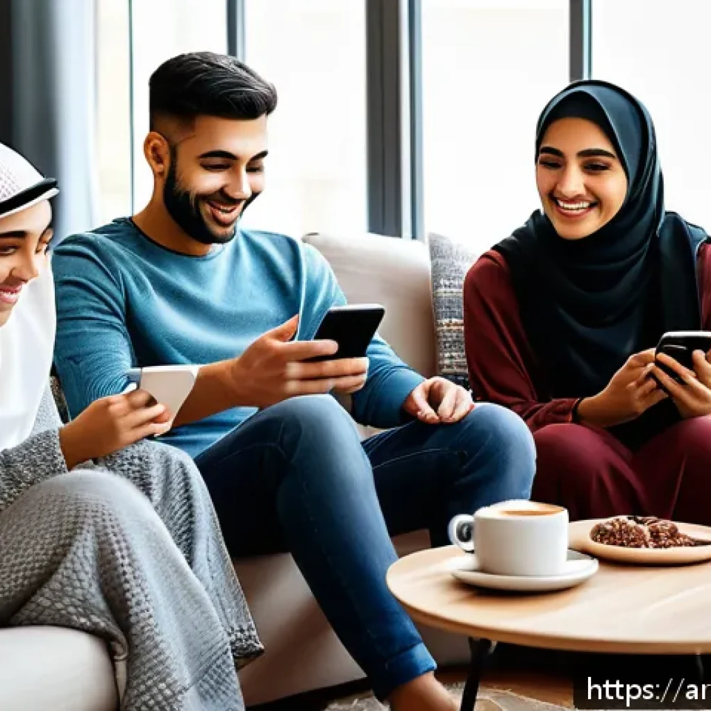 소셜미디어와 인간 심리의 심층 분석 - A diverse group of young Arab adults sitting together in a cozy, modern living room, each using smar...