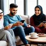 Home 20 소셜미디어와 인간 심리의 심층 분석 - A diverse group of young Arab adults sitting together in a cozy, modern living room, each using smar...