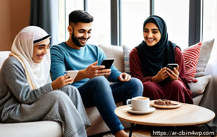 소셜미디어와 인간 심리의 심층 분석 - A diverse group of young Arab adults sitting together in a cozy, modern living room, each using smar...