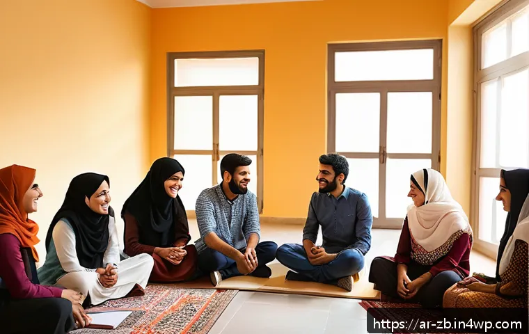 소셜미디어를 통한 자원봉사 활동 - A warm and inviting scene of a diverse group of Arabic-speaking volunteers gathered in a community c...