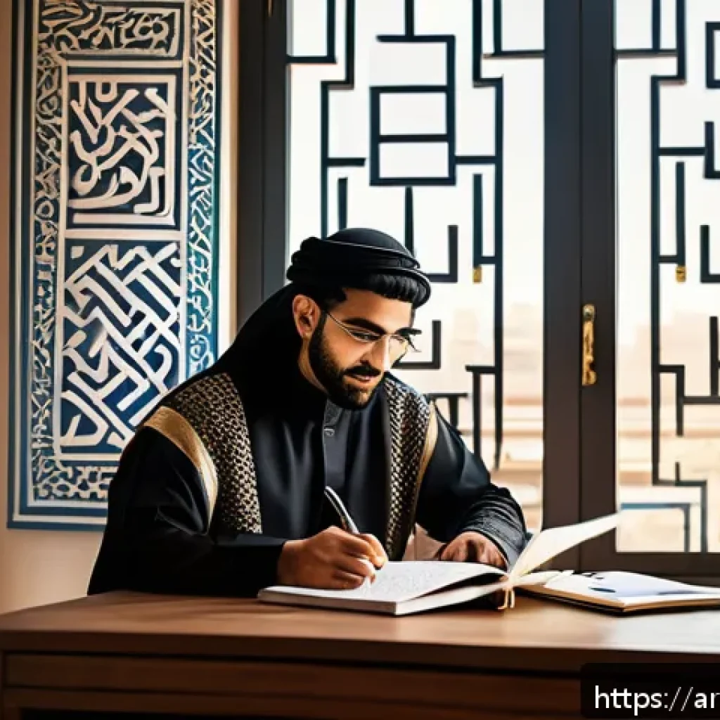 소셜미디어에서의 창의적인 콘텐츠 만들기 - A warm and inviting social media workspace scene set in a cozy home office decorated with Arabic cal...