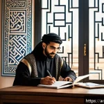 Home 18 소셜미디어에서의 창의적인 콘텐츠 만들기 - A warm and inviting social media workspace scene set in a cozy home office decorated with Arabic cal...