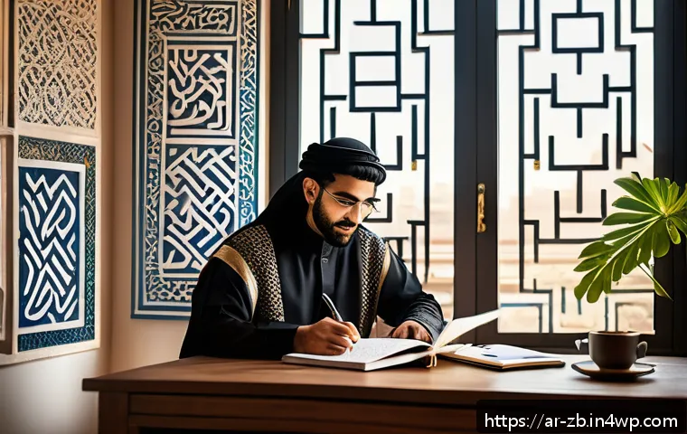 소셜미디어에서의 창의적인 콘텐츠 만들기 - A warm and inviting social media workspace scene set in a cozy home office decorated with Arabic cal...