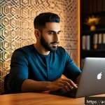 Home 23 소셜미디어에서의 인권과 자유 - A modern Middle Eastern man in his 30s sitting at a sleek desk in a cozy home office, deeply focused...