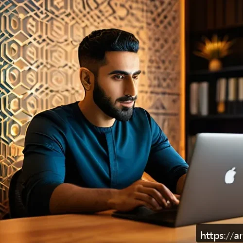 Home 17 소셜미디어에서의 인권과 자유 - A modern Middle Eastern man in his 30s sitting at a sleek desk in a cozy home office, deeply focused...