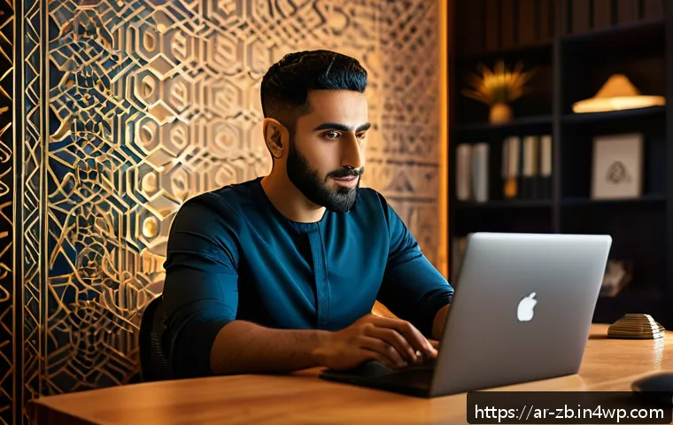 소셜미디어에서의 인권과 자유 - A modern Middle Eastern man in his 30s sitting at a sleek desk in a cozy home office, deeply focused...