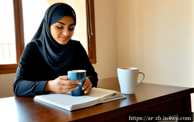 소셜미디어에서의 인내심 기르기 - Photorealistic Arab woman in modest contemporary hijab and long-sleeved clothing sitting calmly at a...