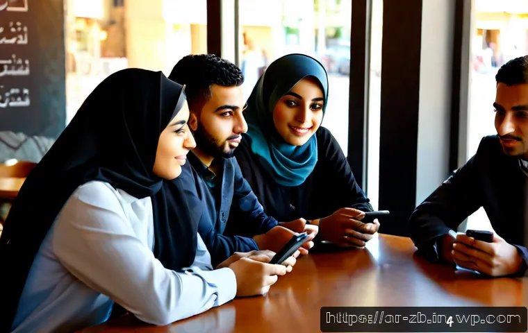 소셜미디어에서의 집단 심리 이해하기 - Photorealistic editorial scene of a diverse group of Arab young adults in a modern café, seated arou...