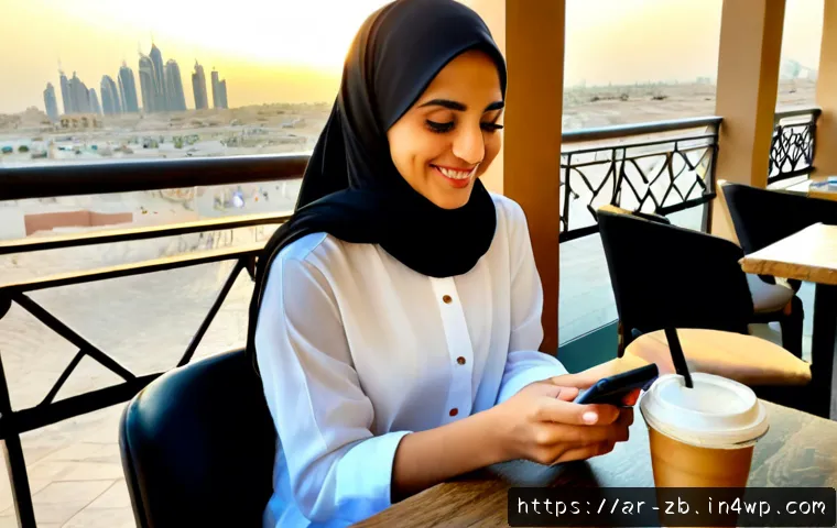 소셜미디어에서의 행복한 경험 공유하기 - Photorealistic young Arab woman in modest contemporary attire sitting at a sunlit café terrace in Du...